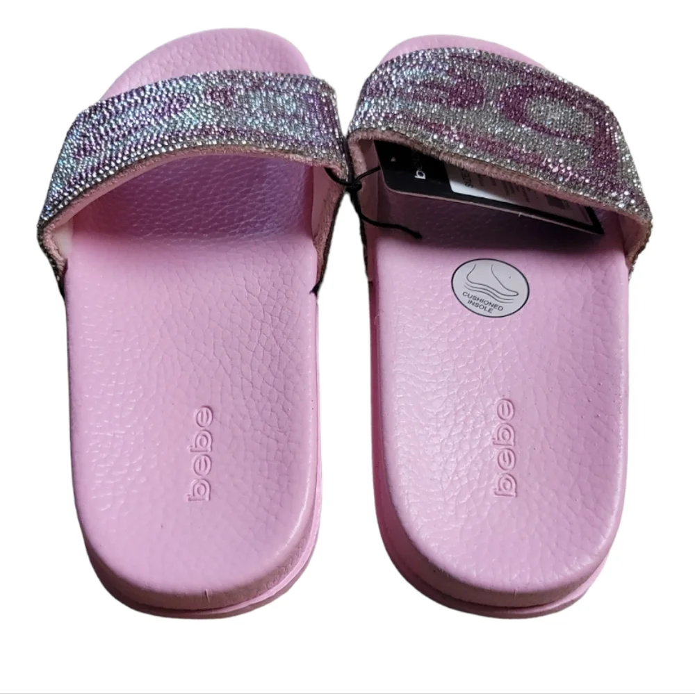 Bebe Girls Light Pink/Silver Rhinestone Logo Slides, Size XL (4/5)